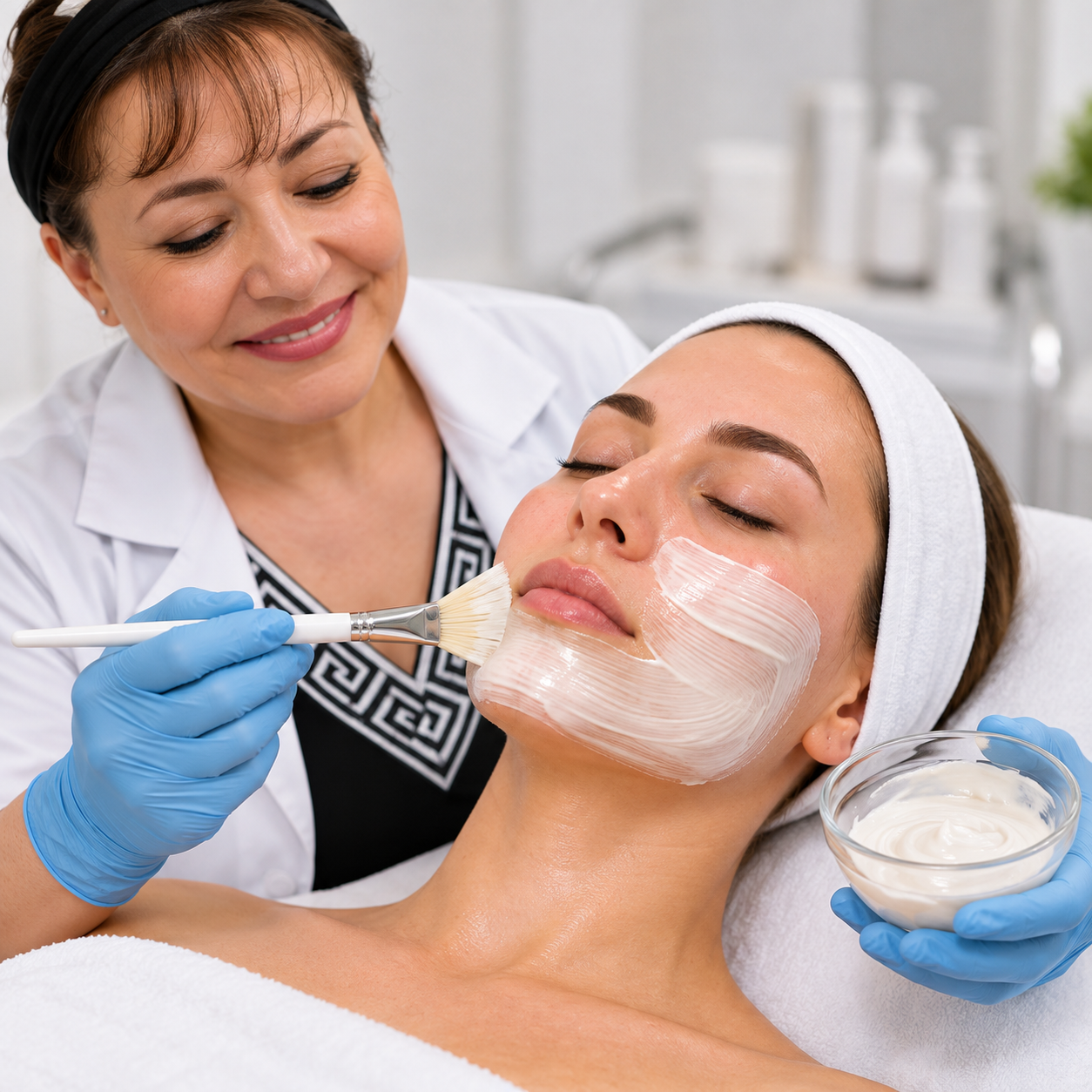 Clinical chemical peel treatment technique with professional facial peel application