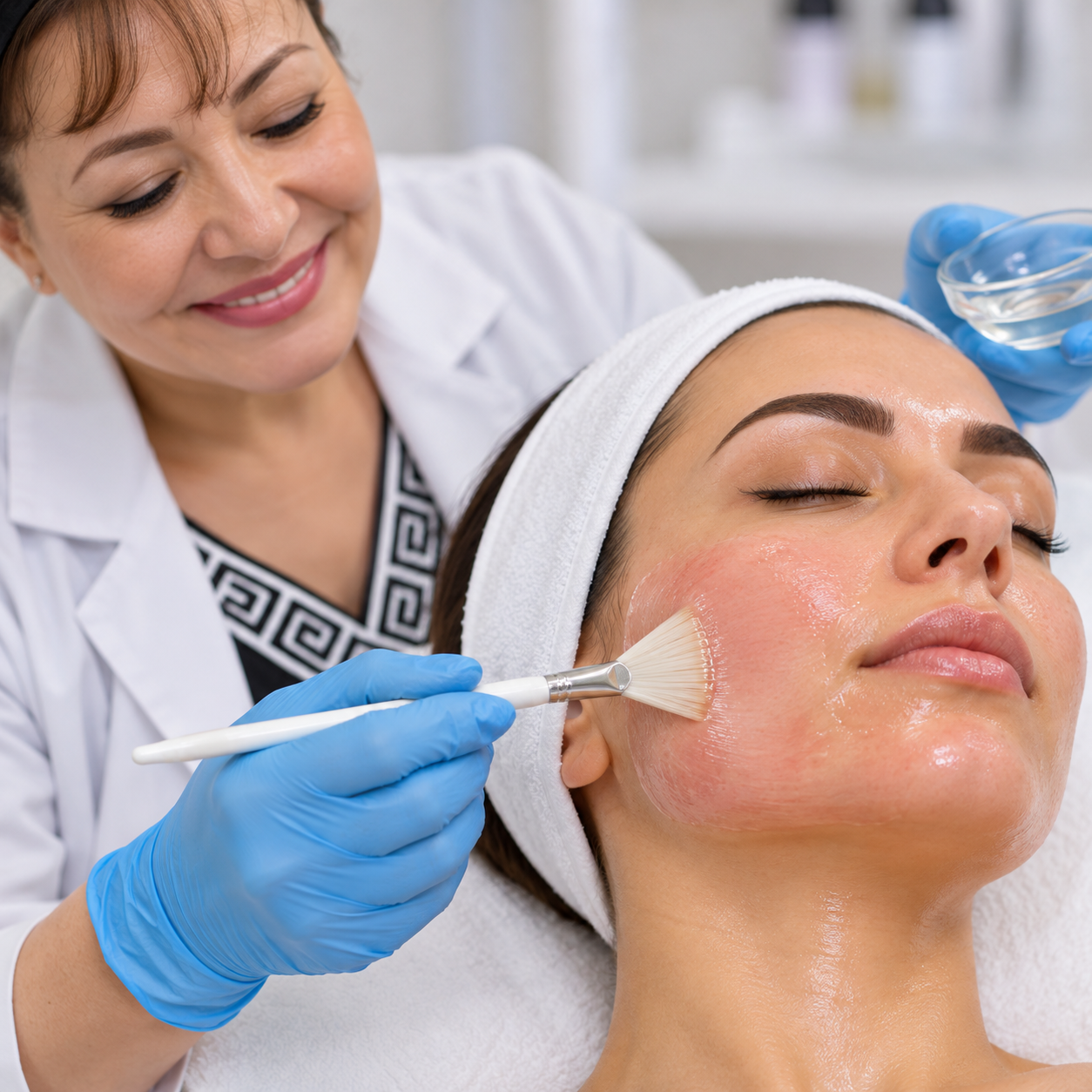 Close-up chemical peel solution application and skin renewal treatment technique