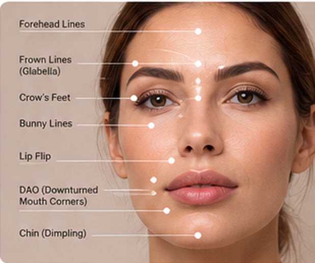Upper face muscle relaxation treatment areas
