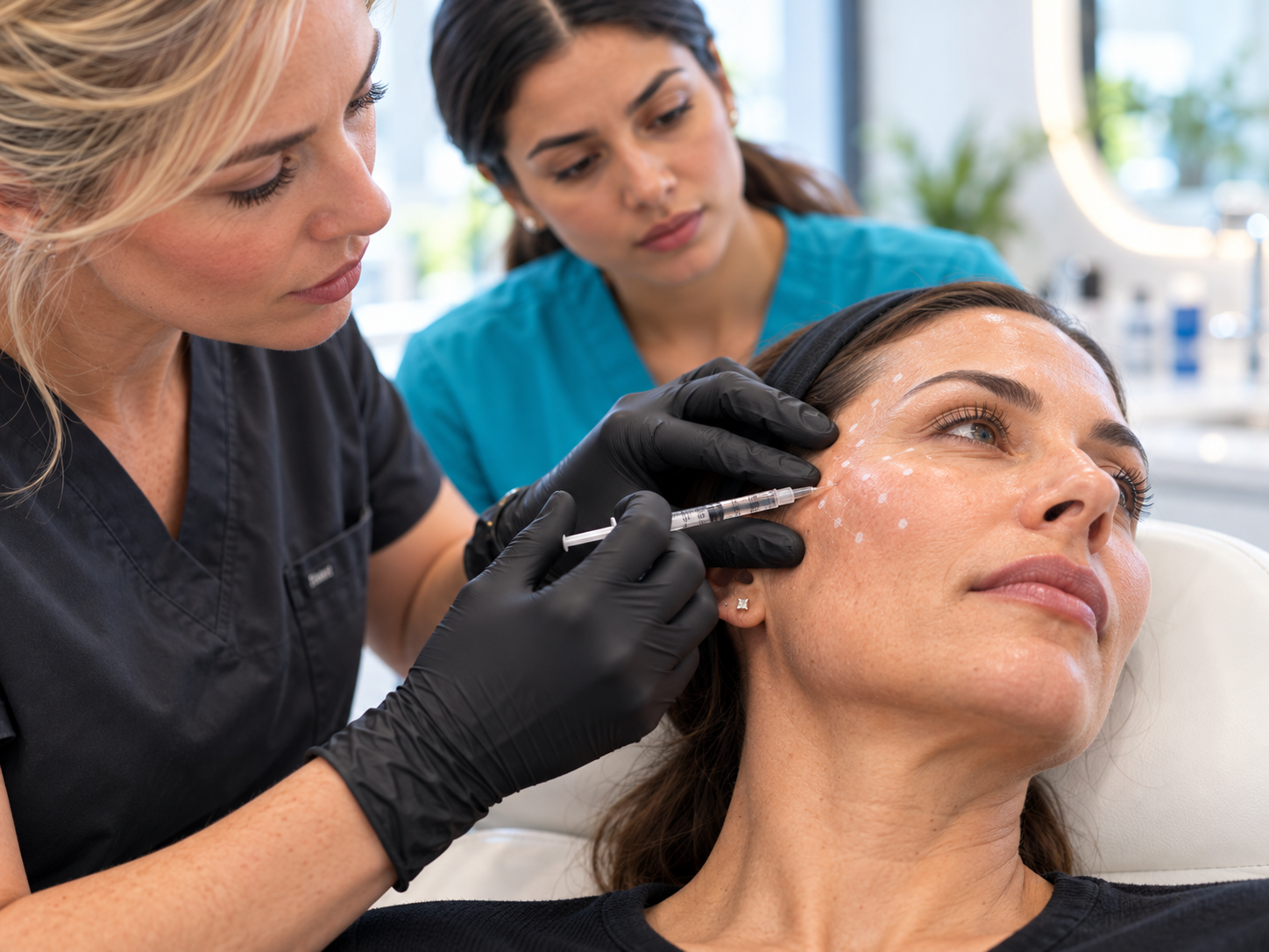 Close-up demonstration of dermal filler injection technique during aesthetic practitioner training